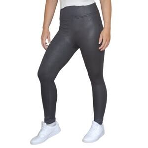 Black Shiny Leggings Large Faux Leather Stretchy Form Fitting Mid High Rise